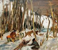 Trappeurs en forêt, Huile sur panneau, 24'' x 30''<span class="sold">vendu</span>