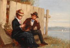 The courtship, Huile sur panneau, 6½'' x 9½''<span class="sold">vendu</span>