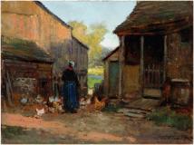 Feeding chickens, Huile sur toile, 9'' x 12''<span class="sold">vendu</span>